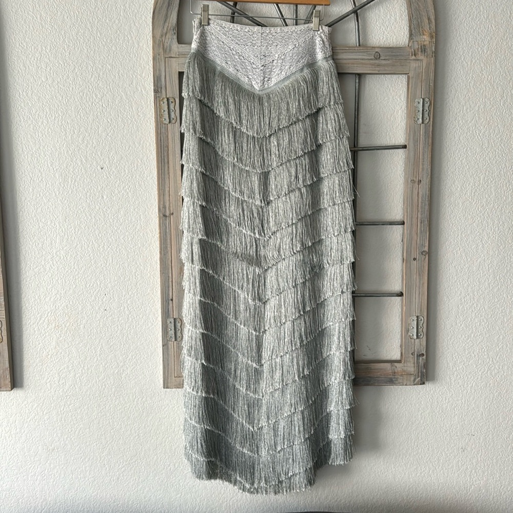 Free People Snowdrift pearl Gray Fringe Maxi Skirt